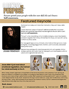 Featured keynote information page highlighting Josee Madison’s speaking programs